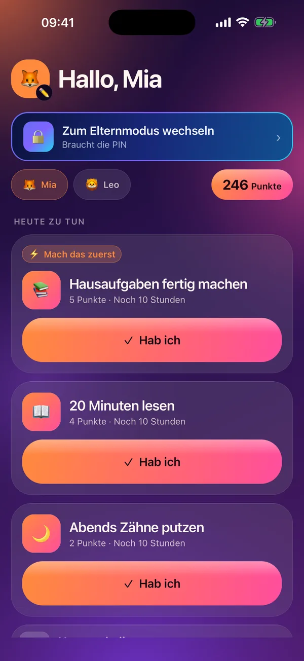 Meritavi im Kindmodus: die heutigen Aufgaben mit ihren Punkten und der Punktestand des Kindes.