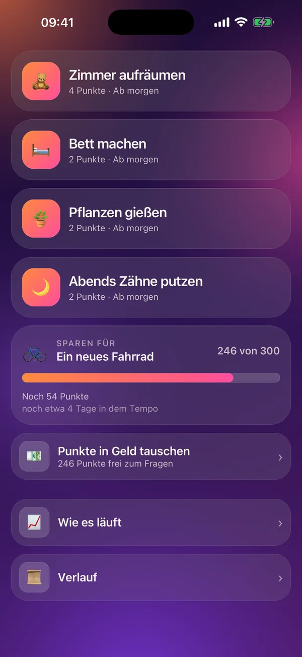 Meritavi im Kindmodus: ein Sparziel mit seinem Fortschritt und Taschengeld zum Anfragen.