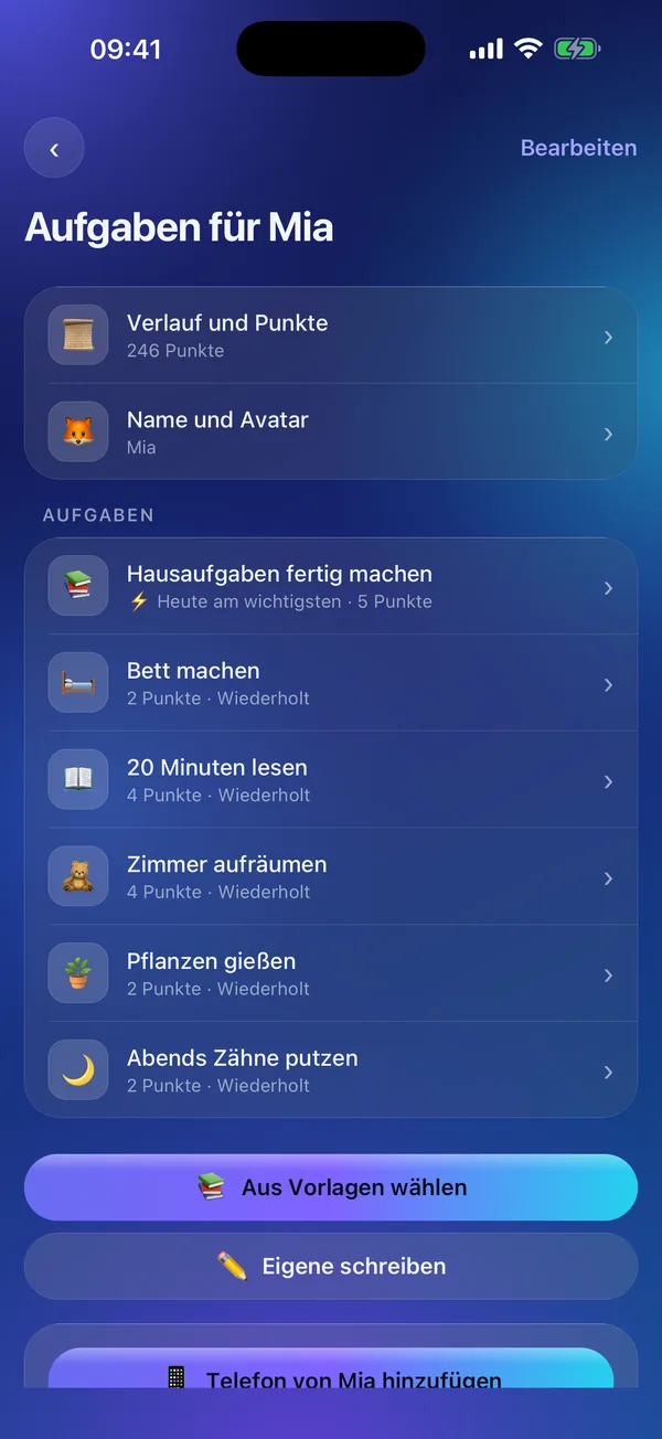 Meritavi im Elternmodus: die Aufgaben eines Kindes mit ihren Punkten.