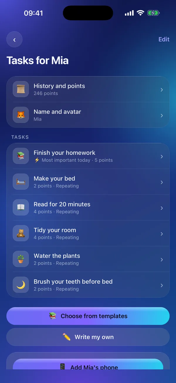 Meritavi in parent mode: a child’s chores with their points.