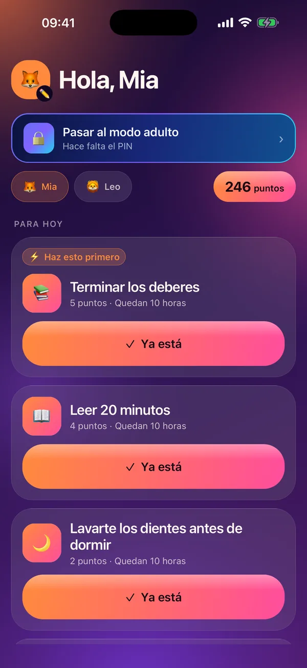 Meritavi en modo niño: las tareas de hoy con sus puntos y el saldo del niño.