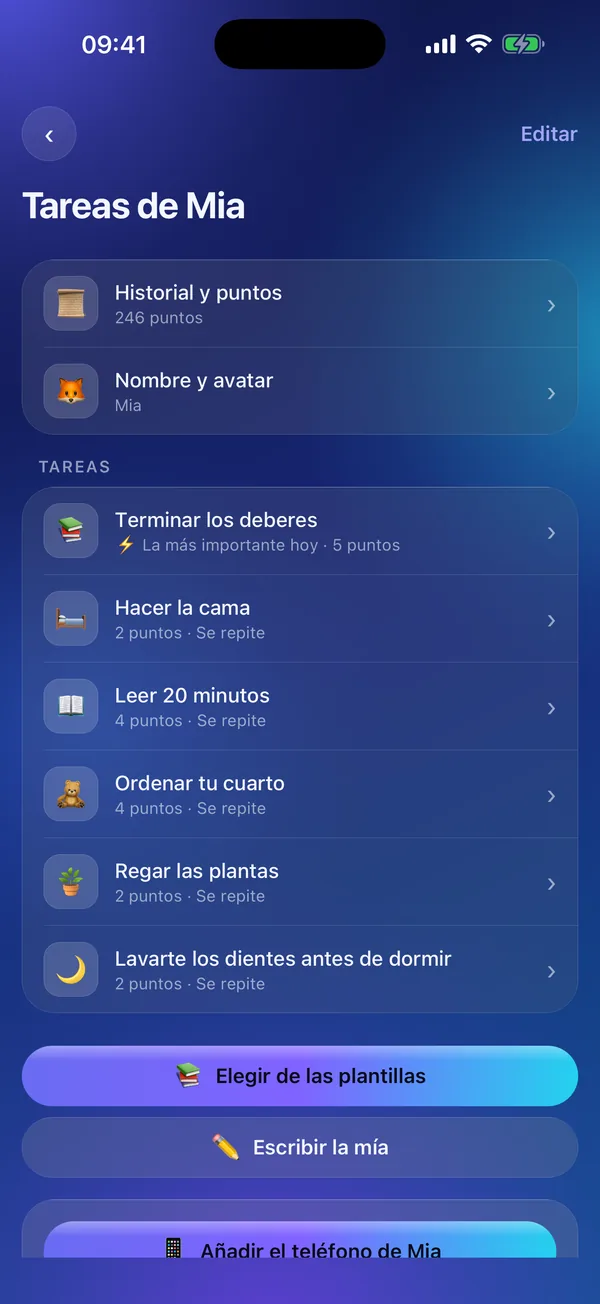 Meritavi en modo adulto: las tareas de un niño con sus puntos.