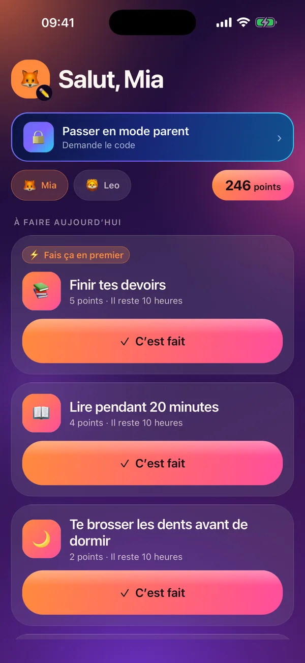 Meritavi en mode enfant : les tâches du jour avec leurs points et le solde de l’enfant.