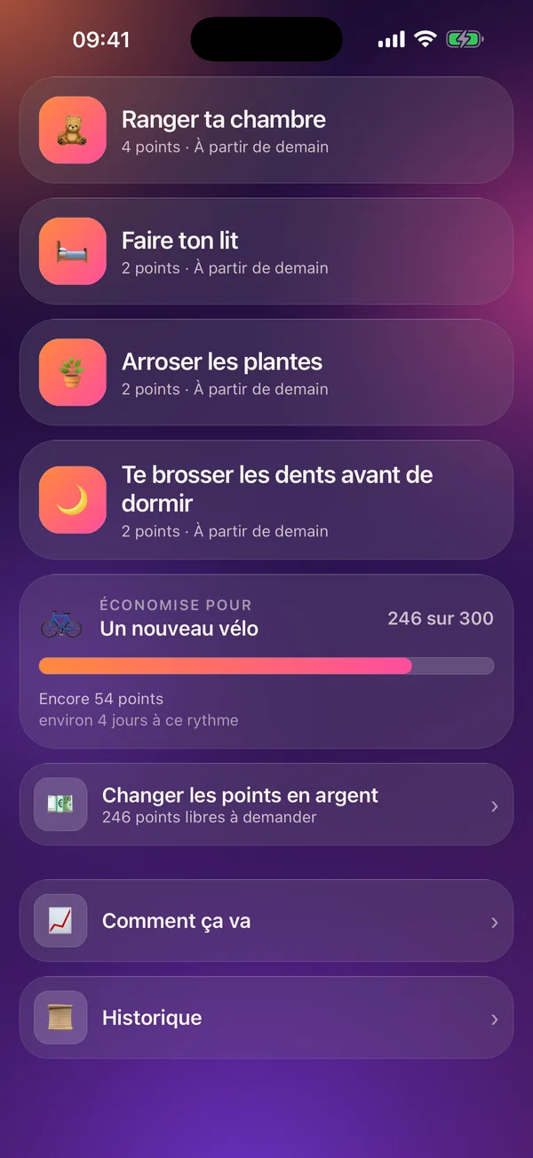Meritavi en mode enfant : un objectif d’épargne avec sa progression, et l’argent de poche à demander.