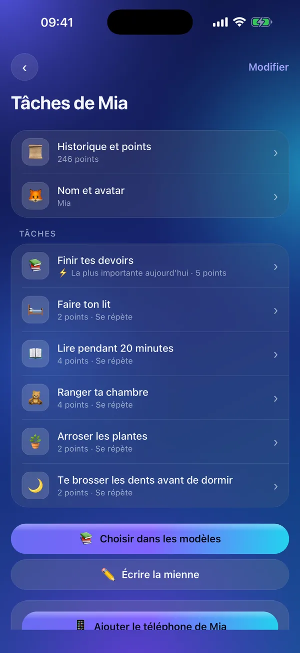 Meritavi en mode parent : les tâches d’un enfant avec leurs points.