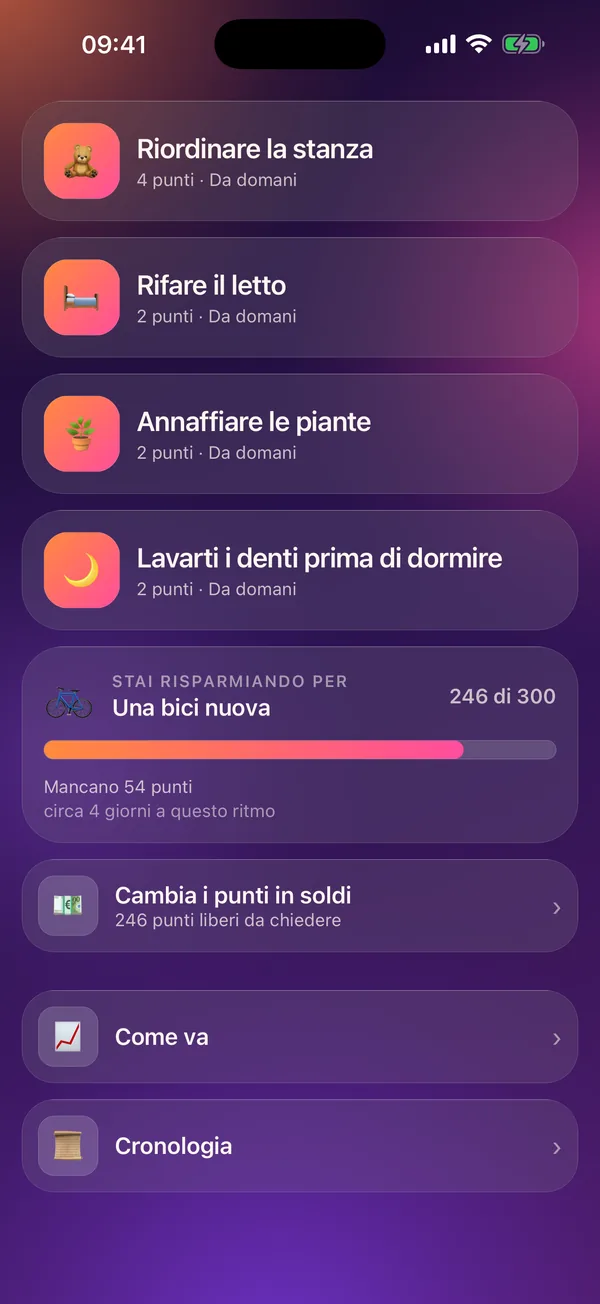 Meritavi in modalità bambino: un obiettivo di risparmio con i progressi e la paghetta da chiedere.