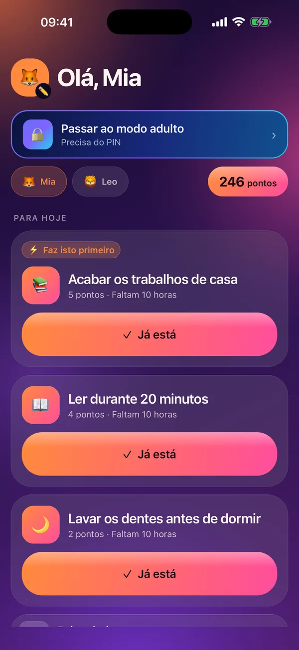 Meritavi no modo criança: as tarefas de hoje com os pontos e o saldo da criança.
